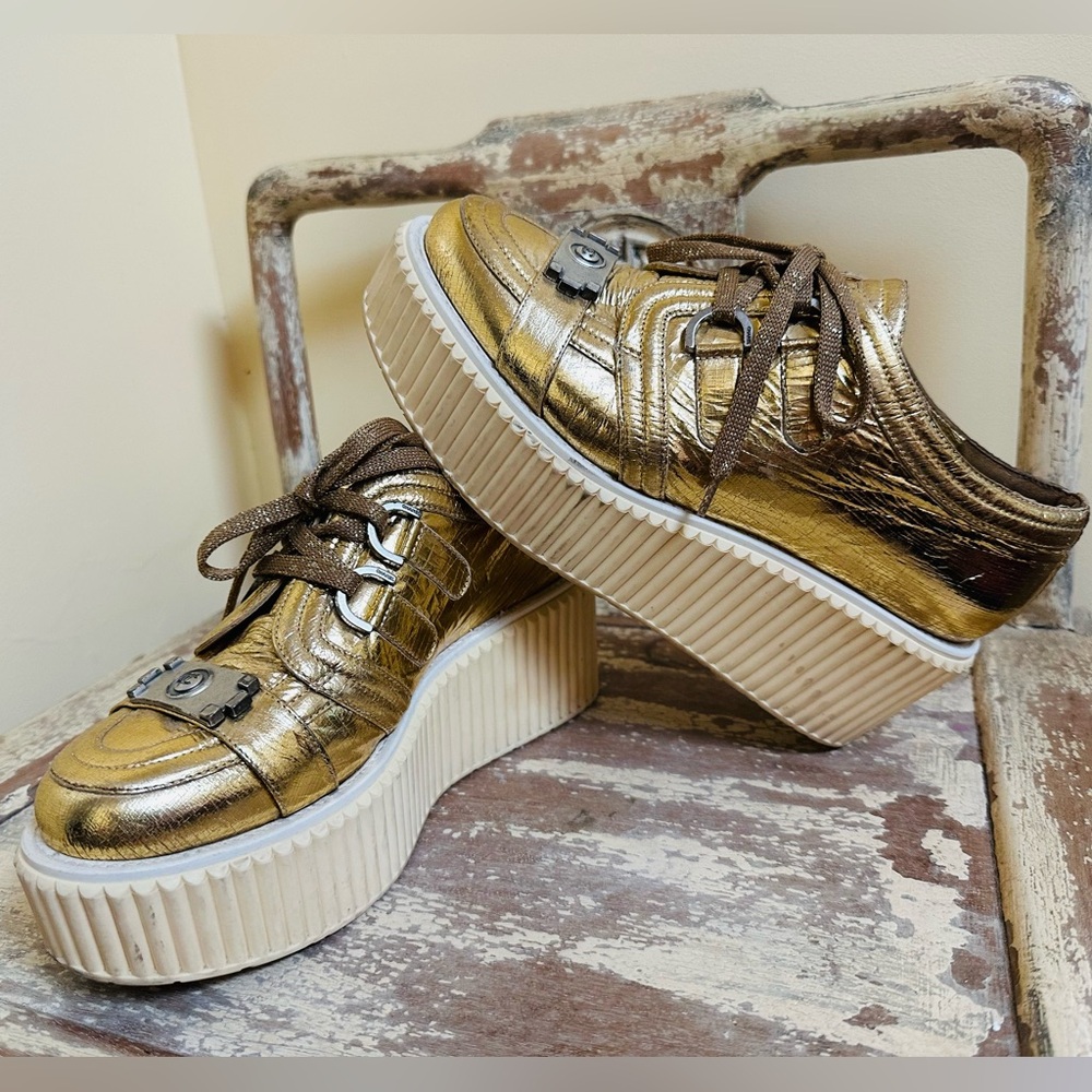CHANEL Gold Metallic Women's Platform Sneakers Creepers